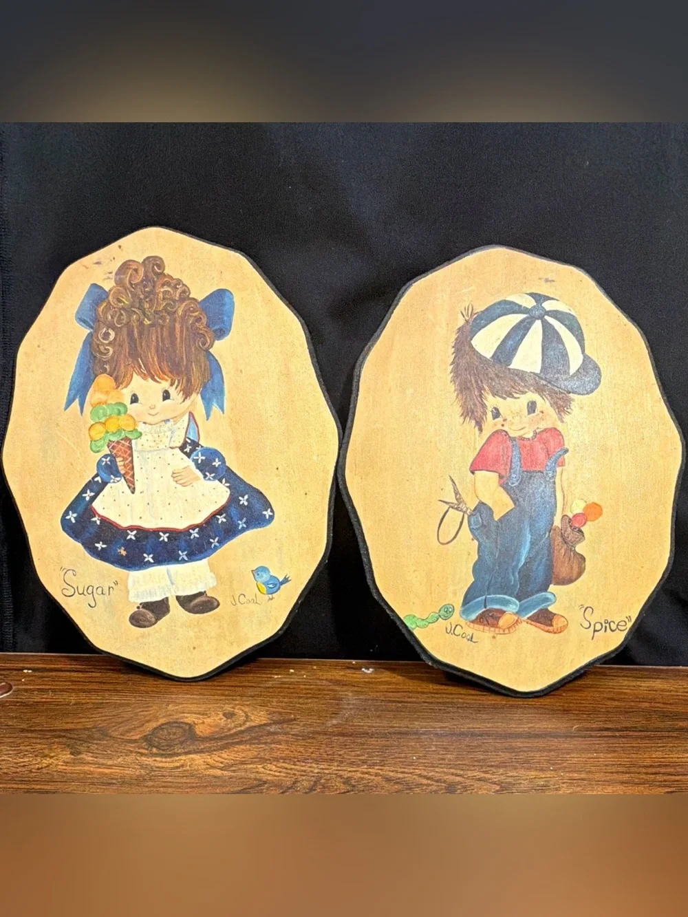 Vintage 70-‘80’s Hand-Painted Wood Plaque Set Big Eyes Kids Sugar & Spice 10x7